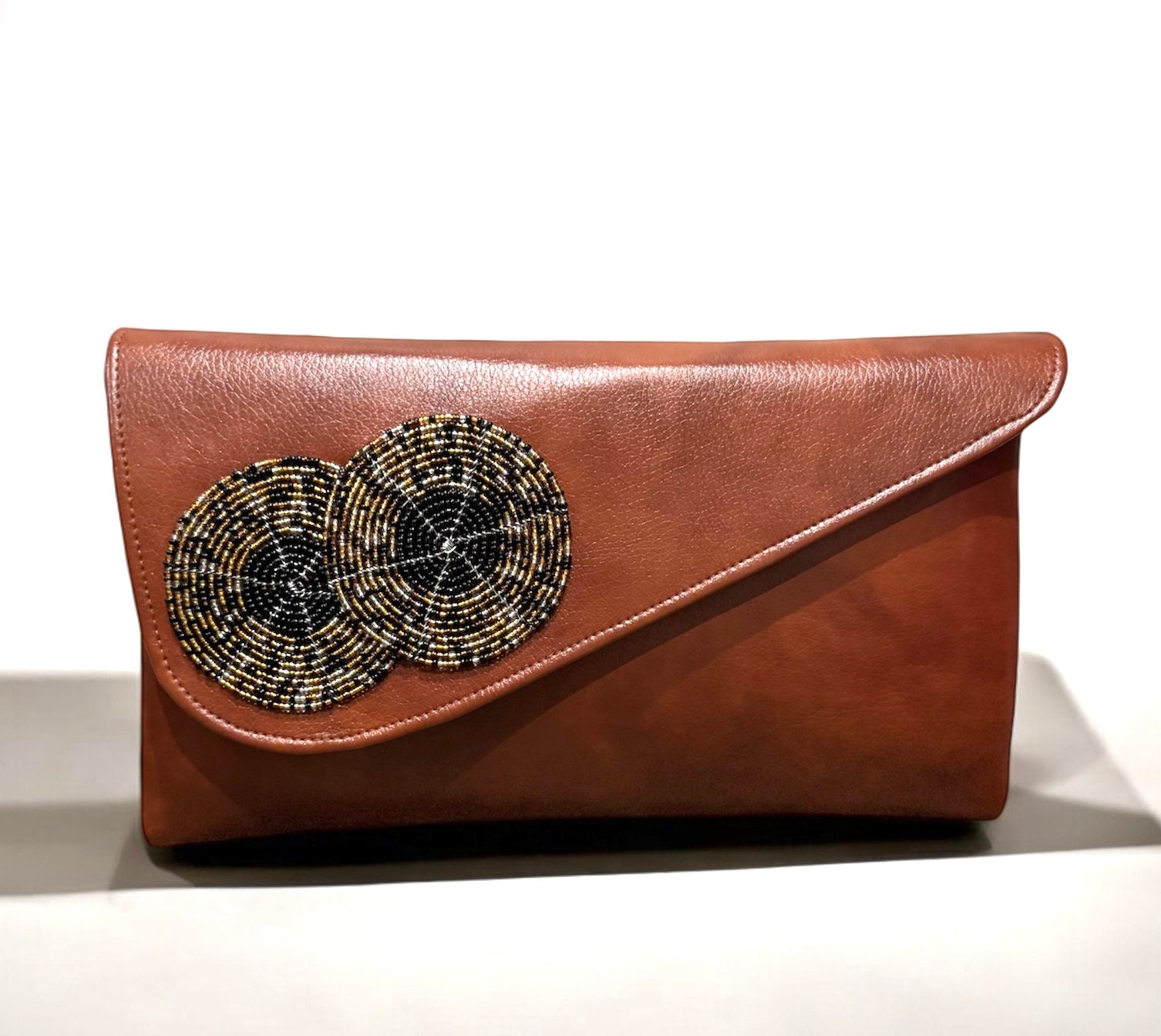 Brown Leather bag, handcrafted bead clutch purse, envelope clutch, unique gift for her