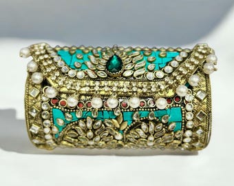 Handcrafted multi color embellished bridal clutch bag gift, Indian clutch purse