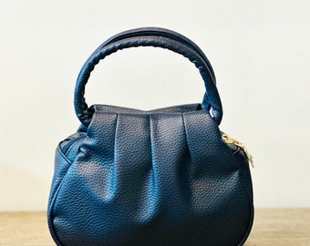 Blue leather bag, vegan leather top handle bag, light weight bag