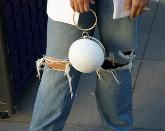 White Embroidered Bag Round Clutch - White Evening Clutch Statement Bag - Crossbody Clutch - Bridal Clutch - Round Purse