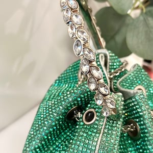 Green rhinestone bag, green bucket bag, bridal purse, wedding clutch, green clutch, green evening bag, holiday parties purse