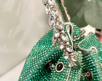 Green rhinestone bag, green bucket bag, bridal purse, wedding clutch, green clutch, green evening bag, holiday parties purse