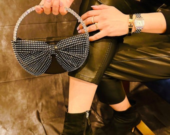 Crystal Clutch - Bow Clutch - Black Clutch - Evening Clutch - Evening bag - Black Purse - Rhinestone Purse - Clutch and Purses