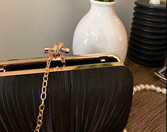 Satin Ruched Clutch Purse - Black Clutch - Bridal Clutch - Pearl Bag -  Evening Clutch - Crossbody bag - Black Pearl clutch - Fits phone