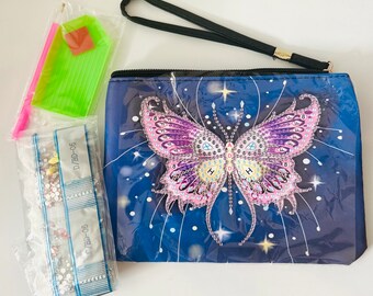 Butterfly DIY Diamond Painting Clutch Makeup Bag, Diamond Art Craft Women's Wristband Clutch And Zipper Bag - DIY gift kits