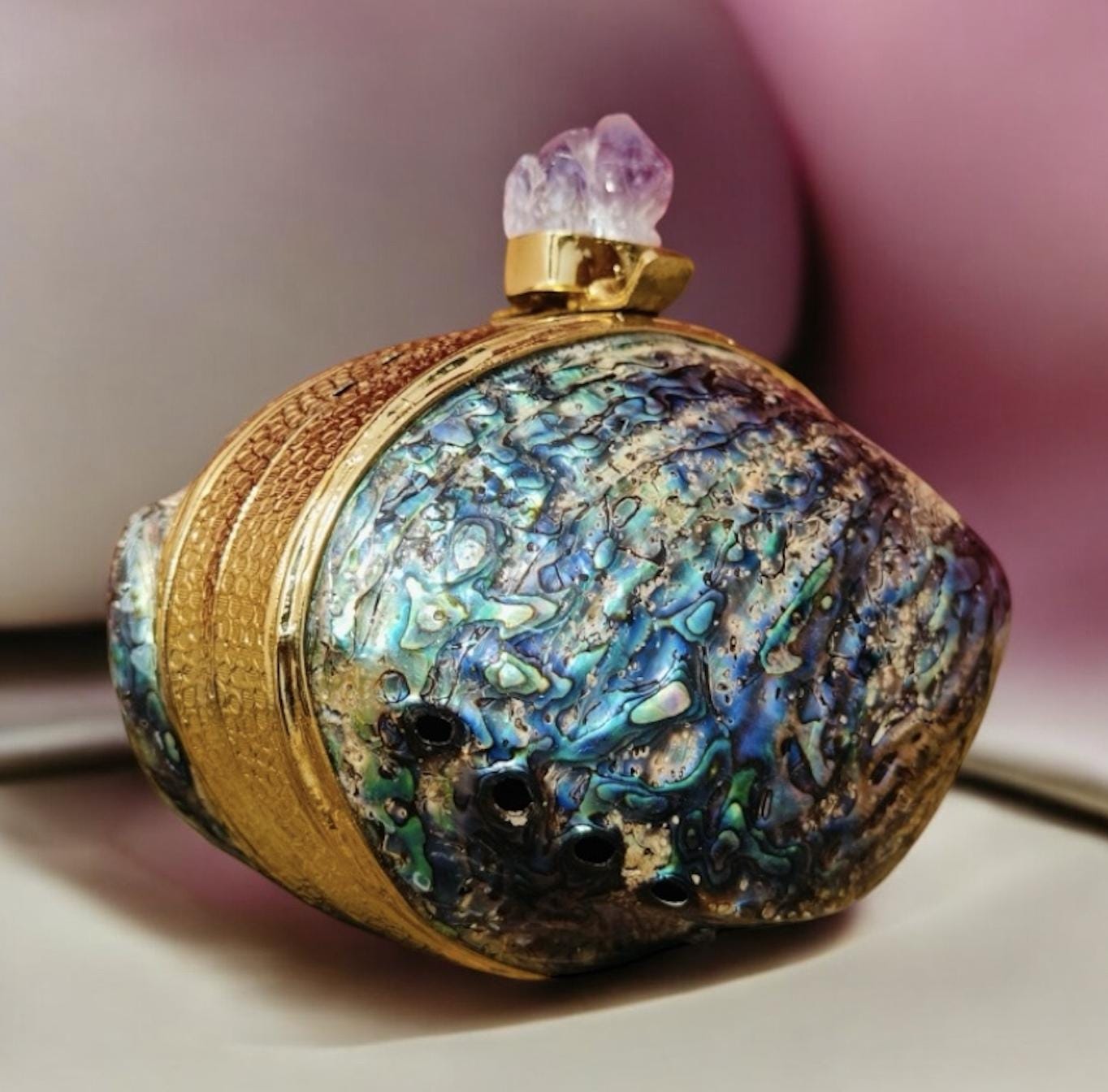 Handmade Mini Abalone Seashell Handbag with Gold-Toned Frame with natural amethyst stone - Bridal gift - detachable chain