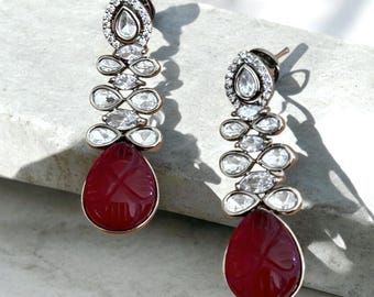 Handcrafted Red Kundan rhinestone long dangling earrings with stones for gift