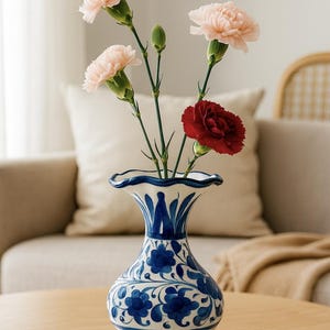 Handmade blue ceramic vase with hand painted floral design perfect for yourself or a luxurious gift, Home Accent Tabletop decoration piece