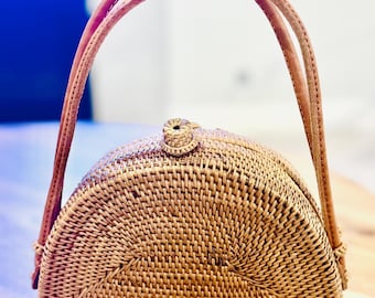 Handmade Ata Rattan Bag – Woven Bali Purse with Leather Handles – Boho Summer Handbag
