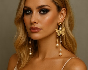 Long Butterfly Pearl Dangle Earrings | Holiday Gift