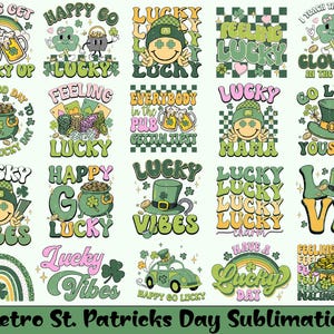 Retro St Patricks Day Sublimation Png Bundle, Happy Patrick's Day Png, Shamrocks Png, Sublimation Design, Lucky Vibes Png