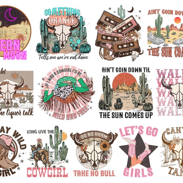 Western Png Bundle, Bull Skull Png for Country Western, Cowboy Cowgirl Png for Rodeo Png, Boho Retro Png for Sublimation