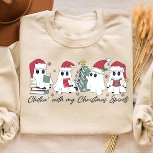 Chillin With My Christmas Spirits Ghost Svg, Funny Christmas Ghost Svg, Cute Ghost Santa Hat Svg, Book Christmas Tree Svg, Book Lover Svg
