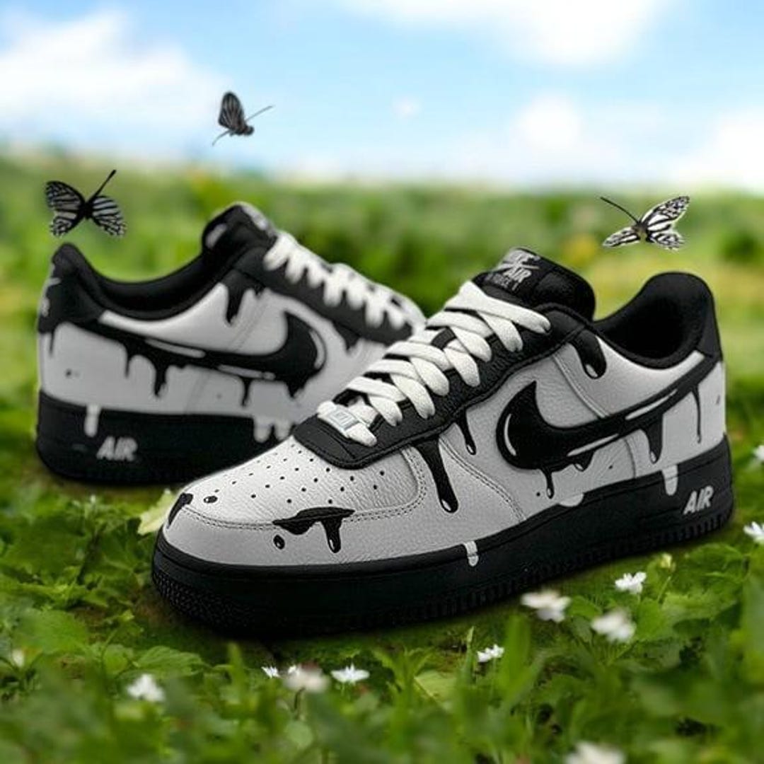 Custom Af1 Drip Black White Drip Custom Air Force 1 Sneaker, Custom Hand Painted Black ...