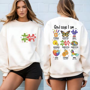 Sudadera con texto en inglés "Dios dice que soy yo", versículo bíblico en inglés, motivación cristiana en inglés, rompecabezas de fe en inglés, diseño "sé amable" en inglés, ropa religiosa en inglés