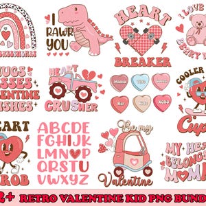 Paquete de imágenes PNG de San Valentín retro para niños, imágenes PNG de San Valentín retro, diseño de sublimación de San Valentín, imágenes PNG de San Valentín para niños, imágenes PNG de camisetas para niños