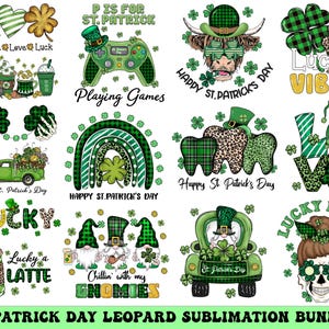 St Patrick's Day Leopard Green Png Bundle, Happy Go Lucky Rainbow Png, Leaf Clovers Sublimation, Clover Bundle Png Digital