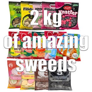 May include: A collection of colorful candy bags, including licorice and gummy sweets, with the text "2 kg of amazing sweeds". The bags feature various flavors and brands, offering a variety of treats.