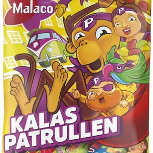 May include: A yellow plastic bag of Malaco Kalas Patrullen candy featuring a colorful cartoon illustration of a giraffe, a monkey, a parrot, and a person wearing a purple bandana. The text Malaco and Kalas Patrullen is printed in white and purple.