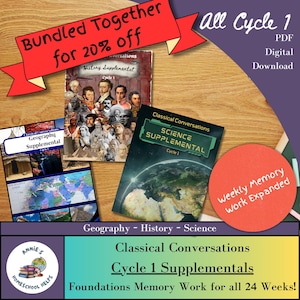 May include: A collection of educational supplements for Cycle 1, including History, Science, and Geography. The image features book covers with illustrations and text, along with a red banner that says "Bundled Together for 20% off."