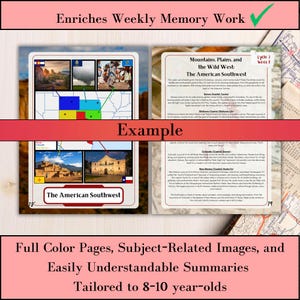 May include: Educational material with the title "Enriches Weekly Memory Work." The pages feature colorful images and summaries about the American Southwest, tailored for 8-10 year olds. Includes maps and historical information.