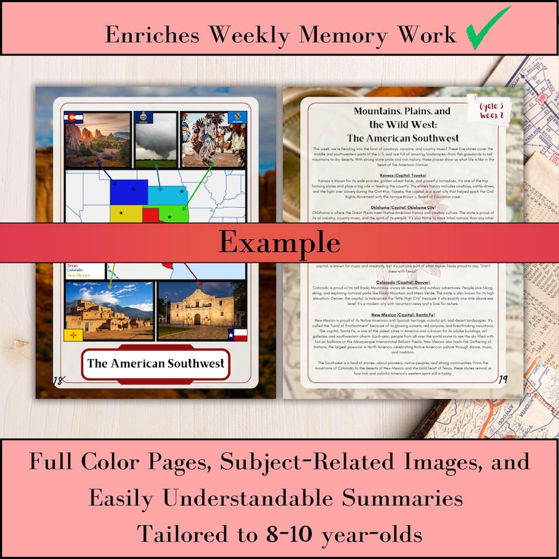 May include: Educational material with the title "Enriches Weekly Memory Work." The pages feature colorful images and summaries about the American Southwest, tailored for 8-10 year olds. Includes maps and historical information.