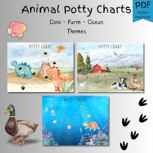 May include: A digital download featuring three animal-themed potty charts. The charts include Dino, Farm, and Ocean themes, each with a start and finish line, and a series of circles for tracking progress. The image also includes a watercolor duck and fish.