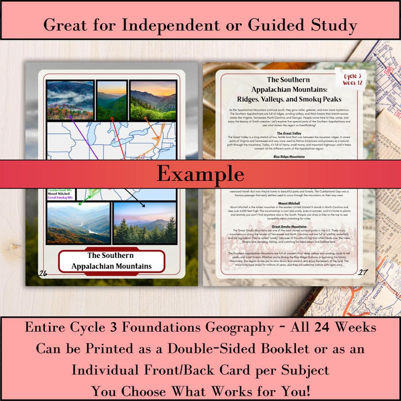 May include: Educational materials featuring the Southern Appalachian Mountains. The image shows a double-sided booklet with text and images of mountain ranges, valleys, and peaks. The text includes "Great for Independent or Guided Study" and "Entire Cycle 3 Foundations Geography".