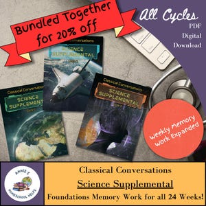 May include: Image of three "Science Supplemental" books from Classical Conversations, with a space shuttle and Earth on the covers. A red banner reads "Bundled Together for 20% off." The text "All Cycles PDF Digital Download" is also visible.