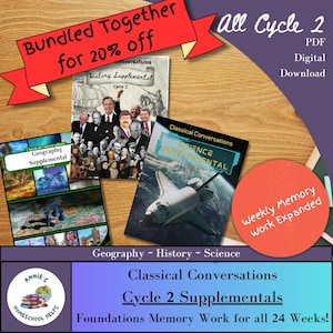 May include: A collection of educational materials, including books and a circular graphic, with text that reads "Bundled Together for 20% off" and "All Cycle 2 PDF Digital Download." The books cover Geography, History, and Science.