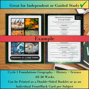 May include: Educational material featuring the "Kingdoms of Living Things." The image includes examples of Animalia, Plantae, Archaea, and Bacteria. Text includes "Great for Independent or Guided Study" and "Cycle 1 Week 2."