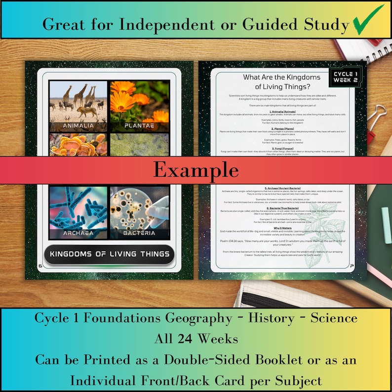 May include: Educational material featuring the "Kingdoms of Living Things." The image includes examples of Animalia, Plantae, Archaea, and Bacteria. Text includes "Great for Independent or Guided Study" and "Cycle 1 Week 2."