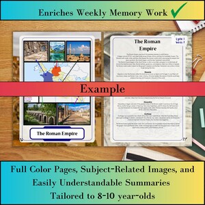 May include: Educational material with the title "The Roman Empire" features colorful pages, images, and summaries. The text "Enriches Weekly Memory Work" and "Tailored to 8-10 year-olds" are also visible.