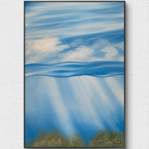 Cloudy Sky and Undersea ,Modern Art, Oilpainting Printable Wall Art, Original Artwork,Digital Download,Blue Painting Art Collection