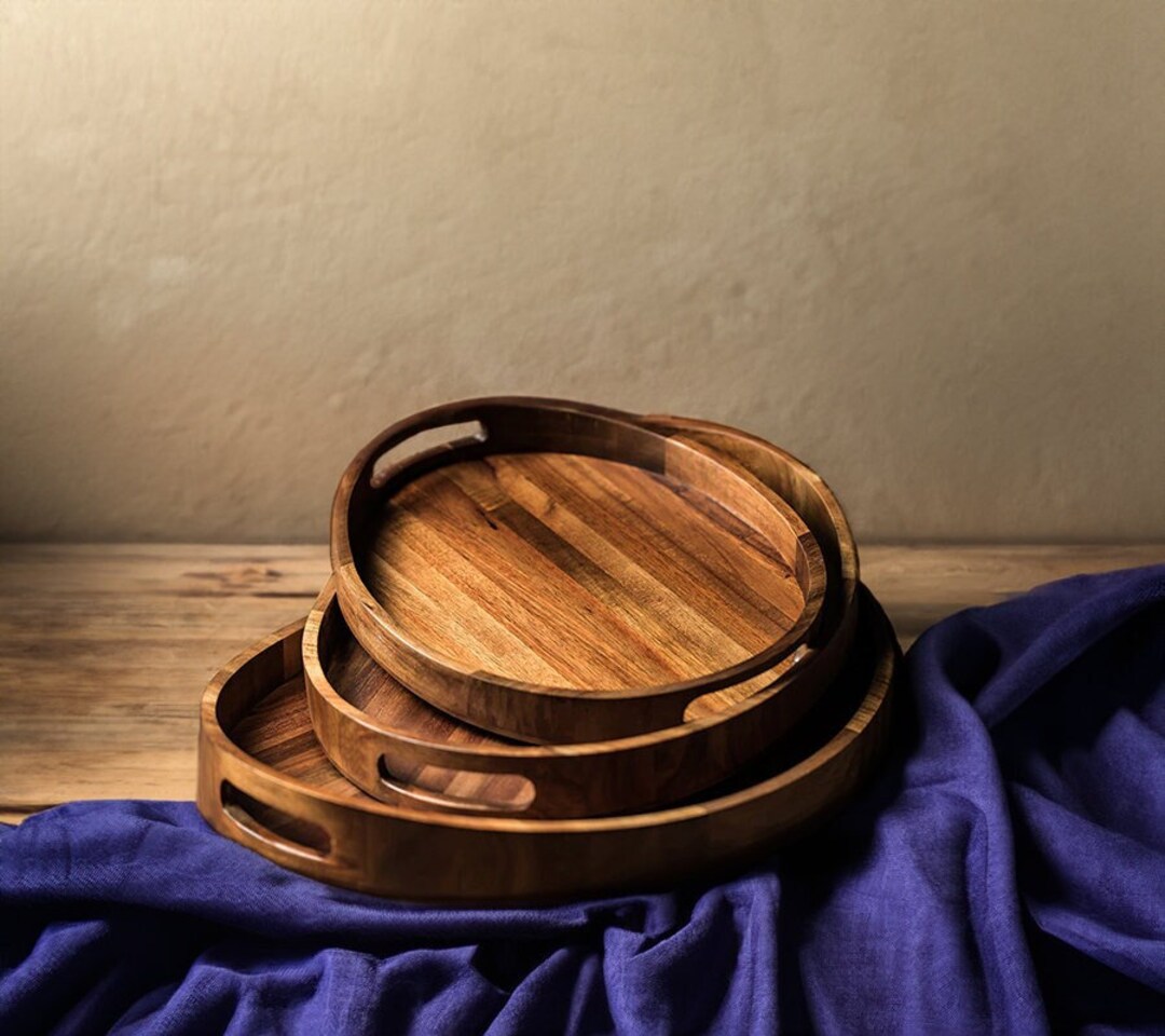 Set Acacia Wood Plate Tray Dish Desserttable Decorative Solid Etsy