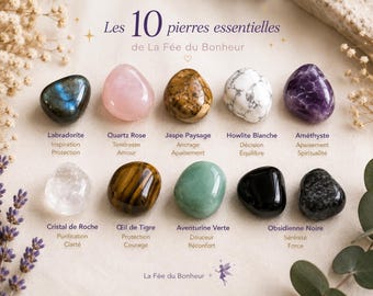 Les 10 pierres essentielles | Kit découverte lithothérapie | Pierres naturelles | Idée cadeau | Débuter avec les cristaux