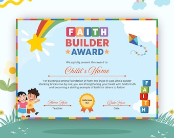 Editable Faith Builder Award Certificate: Sunday School Kids Completion (Digital Download)