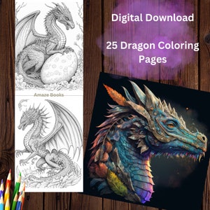 Dragon Coloring Pages for Adult and Kids with 25 High Quality images. Grayscale Coloring Pages with Fantasy Theme for Stress Relief.