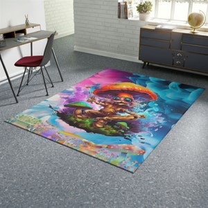 Kolorowy dywan Stoner z psychodeliczną grafiką i grzybami. Niepowtarzalny dywan trippy, psychodeliczne dekoracje domu. Dywan trippy. Prezenty dla stonerów