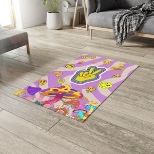 Dywan Stoner z psychodeliczną grafiką uśmiechnięte buźki i grzyby Niepowtarzalny dywan psychodeliczny Dekoracje domu Prezenty stoner dla kobiet i mężczyzn