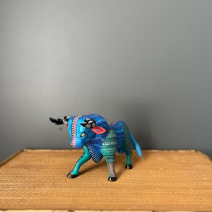 Bull Alebrijes (Large)—Oaxacan Wood Carvings— Alebrijes— Wood— Bull Sculpture— Blue— Red— Animal Wood Carving