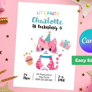 Cat Birthday Invitation, Cute Cat Birthday Invite, EDITABLE Purrfect Party Invite Template, Baby Pink Girl, Instant Download