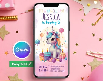RAINBOW UNICORN Digital Birthday Invitation, Editable Magical Unicorn Party Invite, Pastel Rainbow Unicorn Birthday, Instant Download Evite
