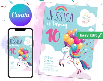 Unicorn Birthday Invitation, Unicorn Party Invitation, Unicorn Birthday Invite, Editable Invitation U2