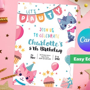 Cat Birthday Invitation, Cute Cat Birthday Invite, EDITABLE Purrfect Party Invite Template, Baby Pink Girl, Instant Download