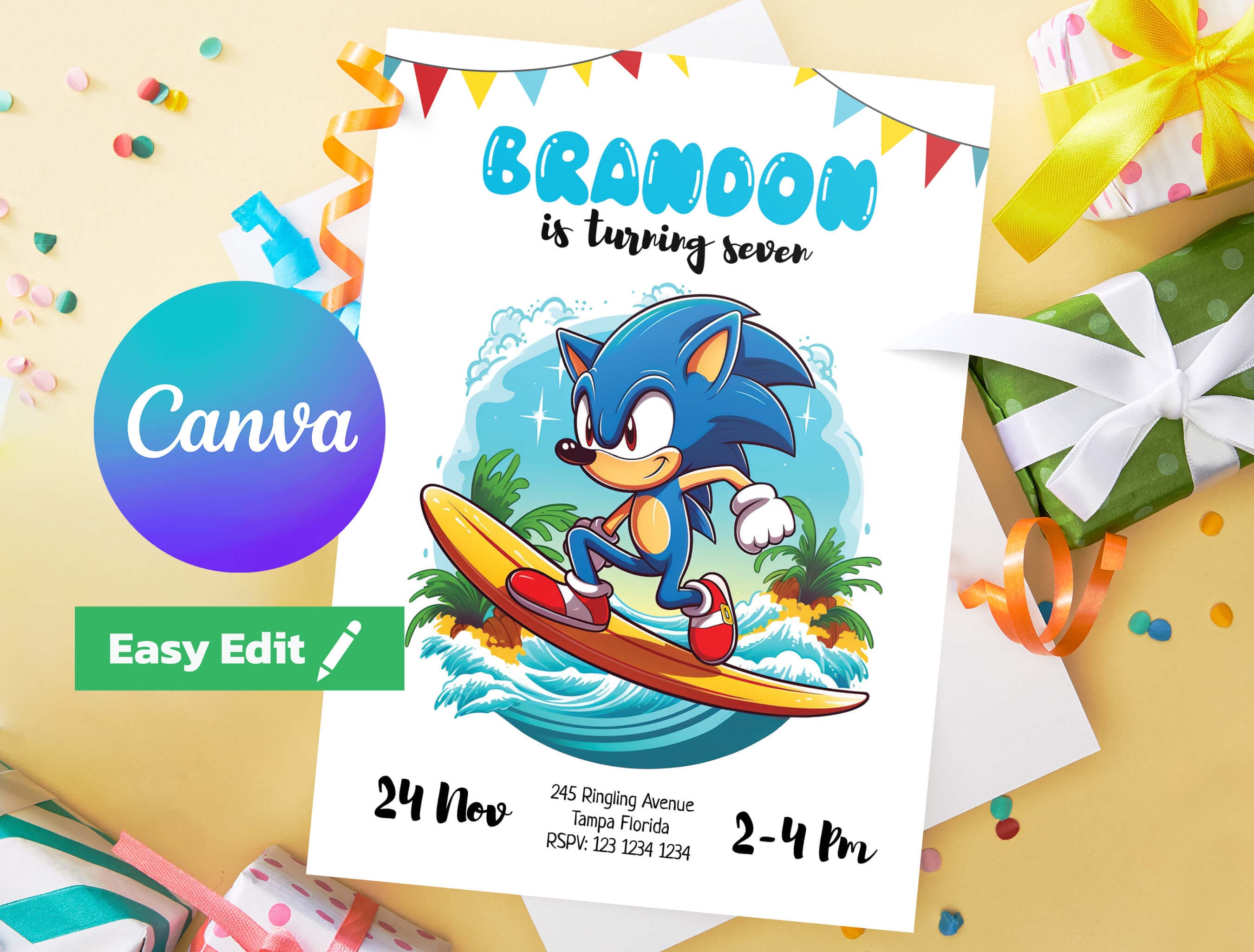Convite aniversário Sonic - Edite grátis com nosso editor online