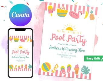 Editable Pool Party Birthday Invitation, Tropical Groovy Summer Party Bash Poolside Party Invite Template, Printable Digital Download