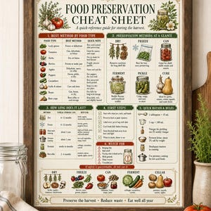 Food Preservation Cheat Sheet printable PDF with bonus Pantry Preservation Log and Pantry & Freezer Labels, designed for homestead kitchens, pantry organization, canning, freezing, drying, and harvest storage.