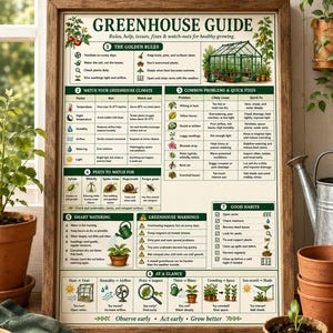 May include: A framed educational poster titled Greenhouse Guide featuring rules, climate tips, common problems, pest identification, and watering advice for plant care. The chart includes detailed illustrations, icons, and text instructions.