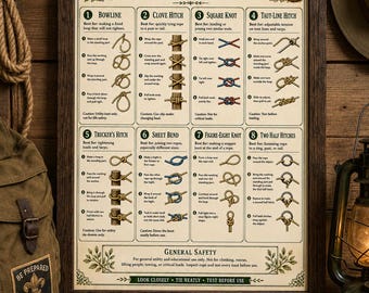 Basic Knots Poster PDF | 8 Essential Rope Knots Guide, Camping Scout & Homestead Reference Chart